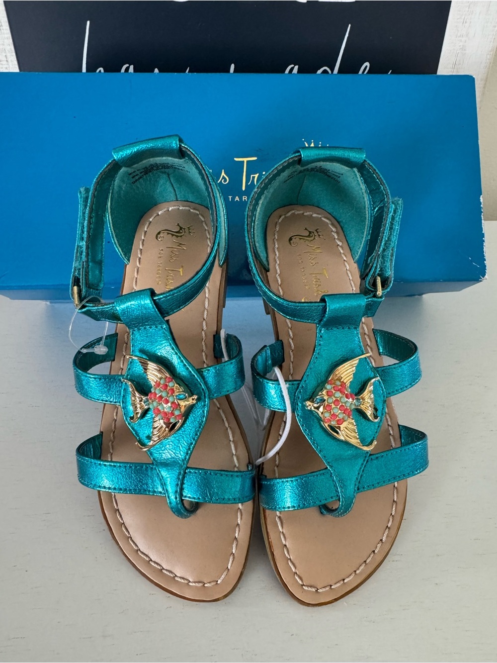 Girls Teal Metallic Fish Accent Sandals with Ankle Strap